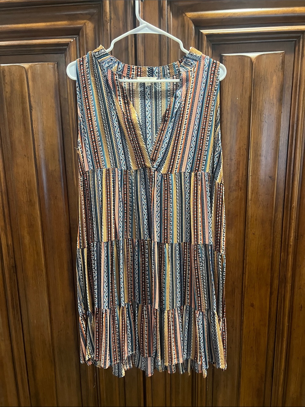 easel Striped Tiered V-Neck Midi Dress in Rust, Navy & Cream